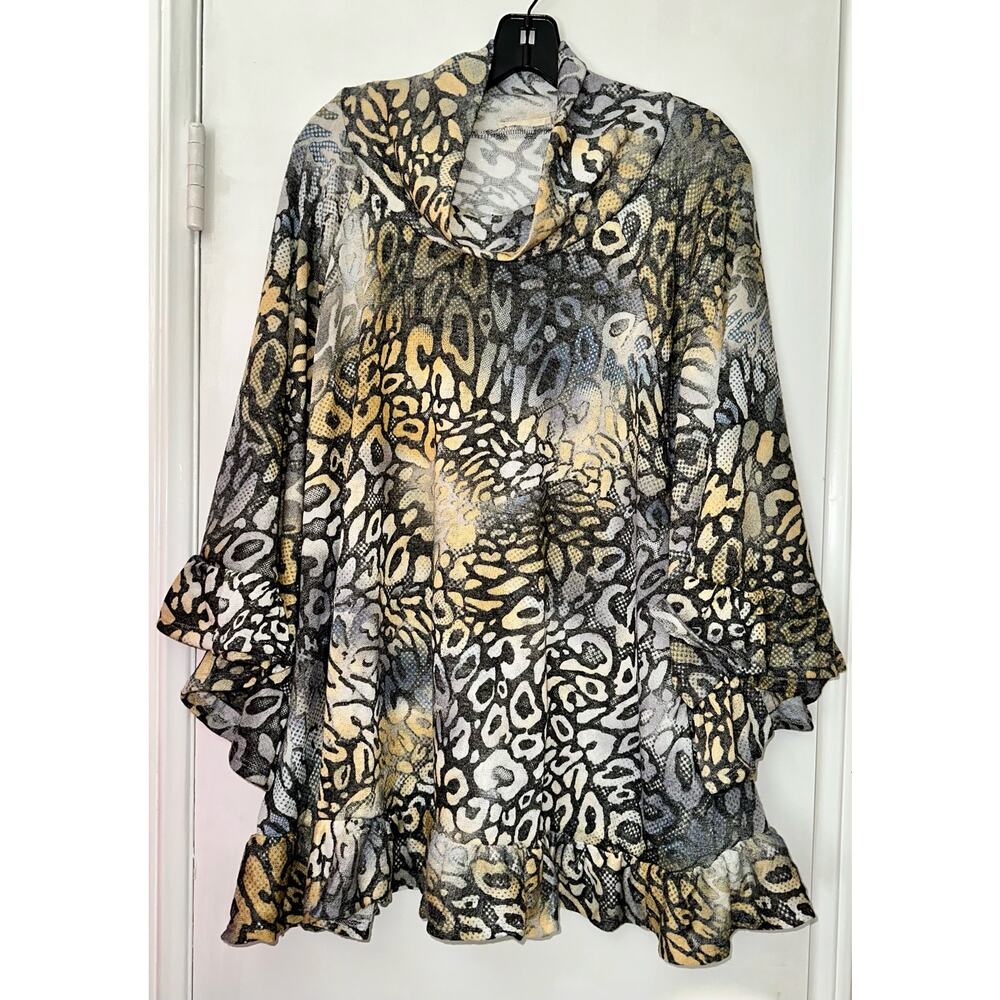 Oddi Mustard & Blue animal Print Turtle Neck Knit Top ~ M/L